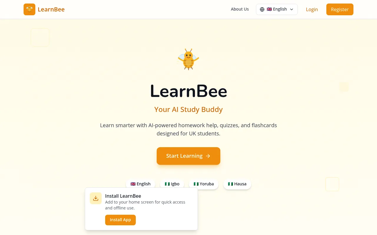 LearnBee website homepage with its bee mascot